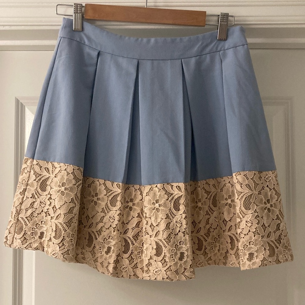 Altar'd State Blue and Cream Lace Embellished Pleated Skirt